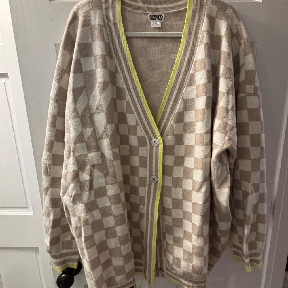 Target Beige Checkered Cardigan with Yellow Trim